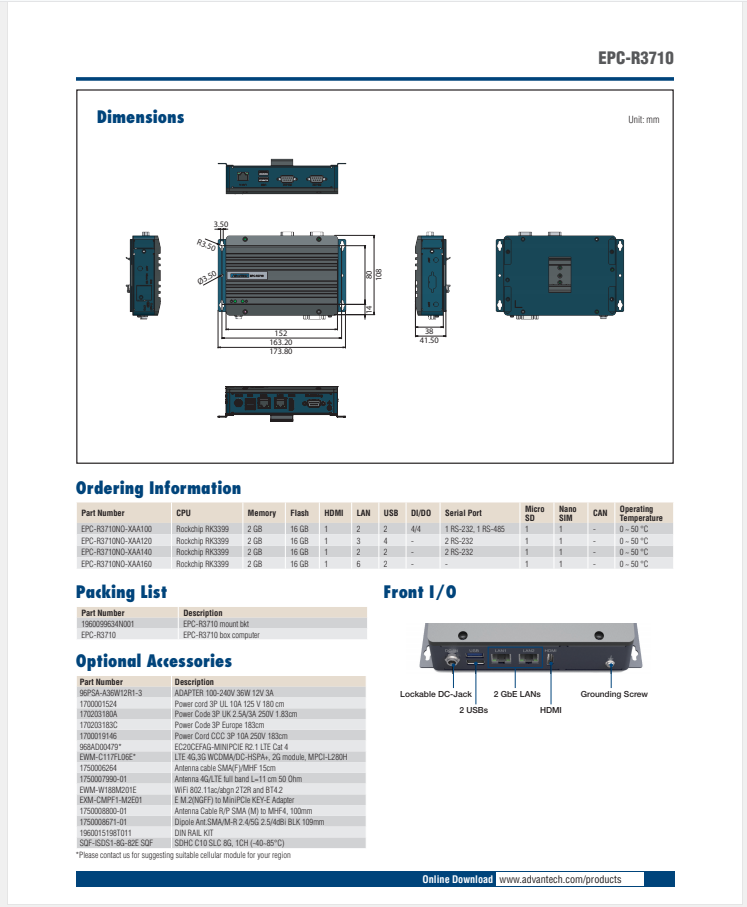 研華EPC-R3710 Rockchip RK3399 Cortex-A72 UIO40-Express Edge AI 工控整機(jī)， 4K display， 2xLan，
