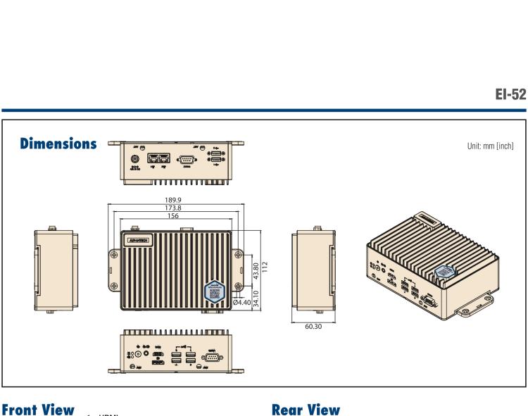 研華EI-52 研華EI-52，邊緣計(jì)算系統(tǒng)，支持 Intel 11th gen CPU，可選 Core i5 /i3 /Celeron 處理器，具備豐富擴(kuò)展接口 2 x LAN，2 x COM，6 x USB等，內(nèi)部可以通過 miniPCIe 或 M.2 擴(kuò)展AI加速卡實(shí)現(xiàn)工業(yè)AI機(jī)器視覺，搭載5G通訊模塊。