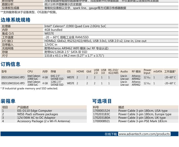 研華EIS-D110 研華EIS-D110，邊緣計算系統(tǒng)網(wǎng)關(guān)，Intel Celeron J1900 Quad Core 2.0 GHz SoC，最高支持 8 GB內(nèi)存，低功耗邊緣智能設(shè)備，具備豐富擴(kuò)展接口 2 x LAN，1 x COM，3 x USB，2 x HDMI等，搭配 Wifi 或 4G 模塊。