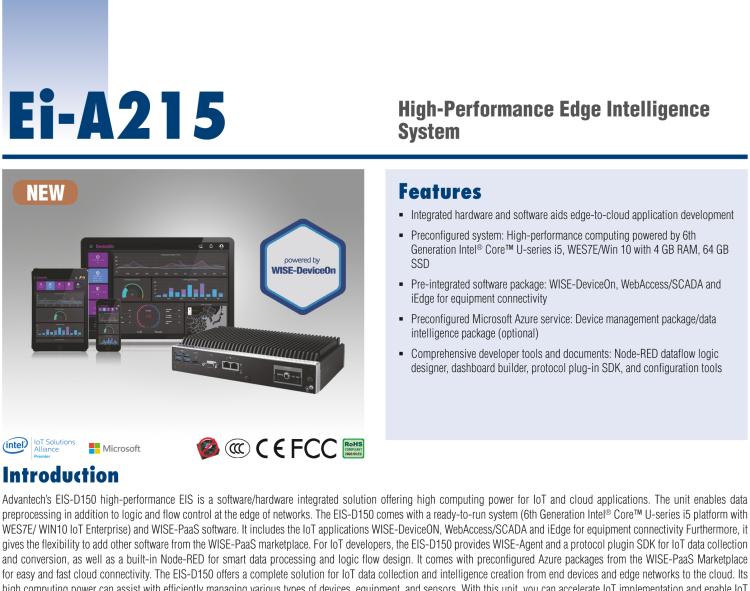 研華EI-A215 研華EI-A215，邊緣性計算系統(tǒng)，搭載Intel Core i5 6300U 處理器，4 GB內(nèi)存，64 GB 存儲，高性能邊緣智能設(shè)備，具備豐富擴展接口 2 x LAN，4 x COM，6 x USB等，同時還可以擴展 iDoor 或 ARK-Plus 模組增加更多的擴展接口，搭配 5G 模塊。