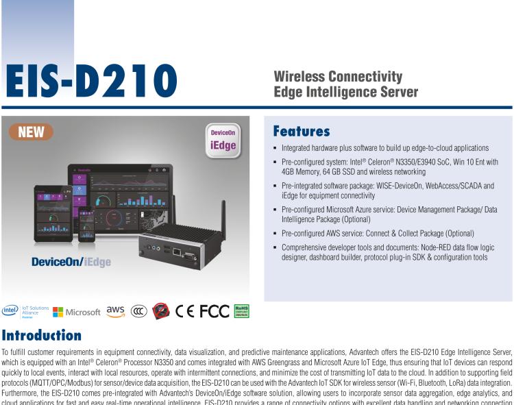 研華EIS-D210 研華EIS-D210，邊緣計(jì)算系統(tǒng)網(wǎng)關(guān)，Intel Celeron N3350 Dual Core SoC，最高支持 8 GB內(nèi)存，低功耗邊緣智能設(shè)備，具備豐富擴(kuò)展接口 2 x LAN，2 x COM，4 x USB，1 x VGA等，搭配 Wifi 或 4G 模塊，可以實(shí)現(xiàn)無(wú)線數(shù)據(jù)傳輸，體積非常小