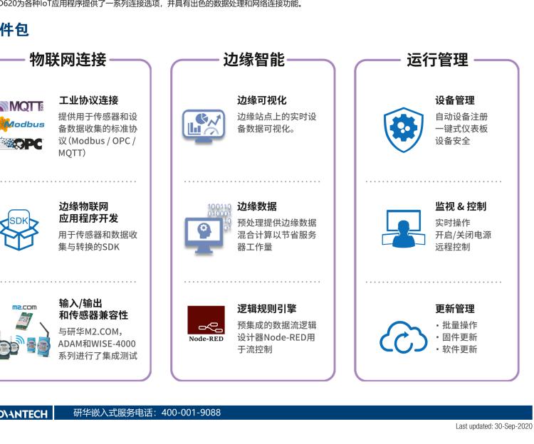 研華EIS-D620 研華EIS-D620，邊緣計(jì)算系統(tǒng)網(wǎng)關(guān)，基于Rockchip RK3399處理器，板載2GB內(nèi)存，16GB eMMC 存儲(chǔ)，低功耗邊緣智能設(shè)備，具備豐富擴(kuò)展接口 2 x LAN，1 x COM，1 x USB，2 x HDMI等，體積非常小巧，適用于邊緣設(shè)備控制及數(shù)據(jù)采集等應(yīng)用場(chǎng)景。
