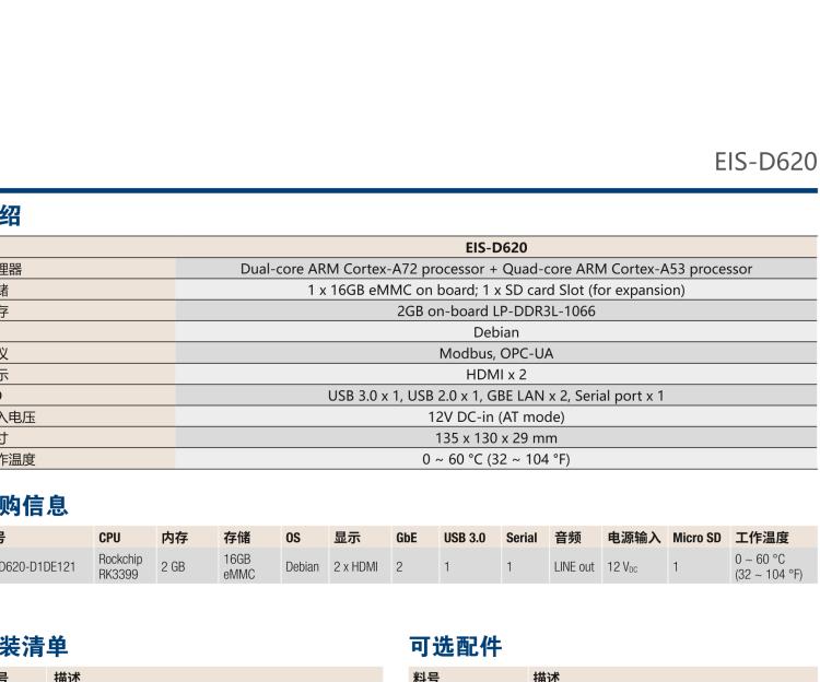 研華EIS-D620 研華EIS-D620，邊緣計(jì)算系統(tǒng)網(wǎng)關(guān)，基于Rockchip RK3399處理器，板載2GB內(nèi)存，16GB eMMC 存儲(chǔ)，低功耗邊緣智能設(shè)備，具備豐富擴(kuò)展接口 2 x LAN，1 x COM，1 x USB，2 x HDMI等，體積非常小巧，適用于邊緣設(shè)備控制及數(shù)據(jù)采集等應(yīng)用場(chǎng)景。