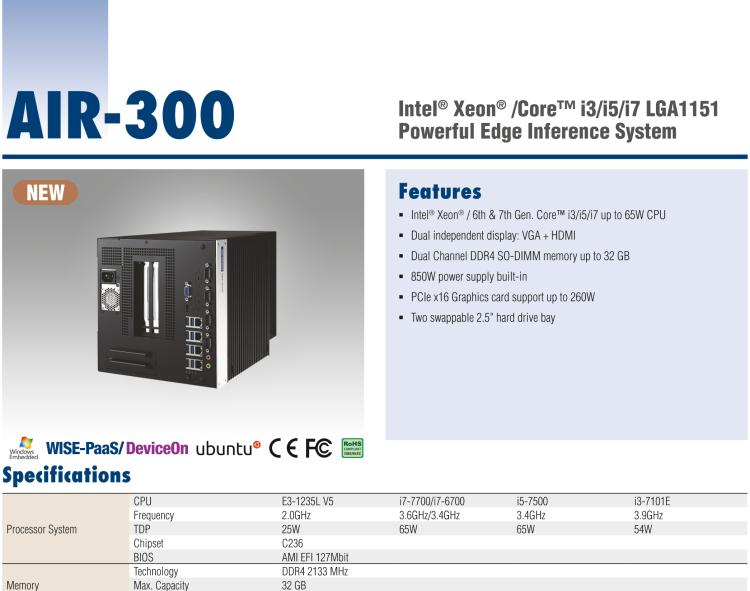 研華AIR-300 支持Intel Xeon / 6/7代Core?i3/i5/i7處理器，AI計(jì)算平臺(tái)，可擴(kuò)展 PCIe x16 GPU全尺寸卡