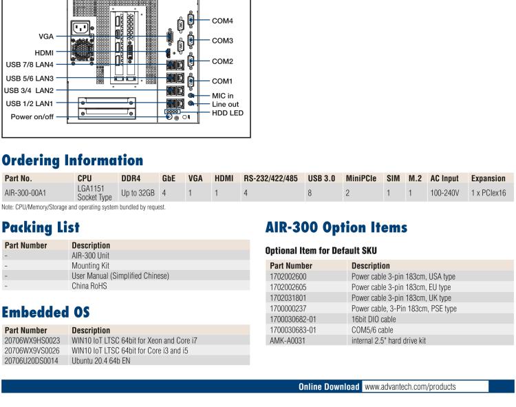 研華AIR-300 支持Intel Xeon / 6/7代Core?i3/i5/i7處理器，AI計(jì)算平臺(tái)，可擴(kuò)展 PCIe x16 GPU全尺寸卡