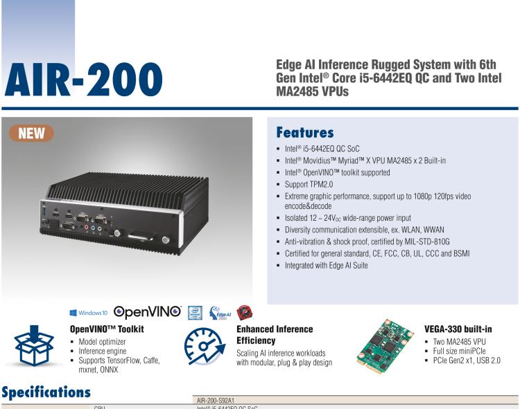 研華AIR-200 基于Intel Core i5-6442EQ處理器，AI計算平臺，內(nèi)置Myriad X VPU * 2