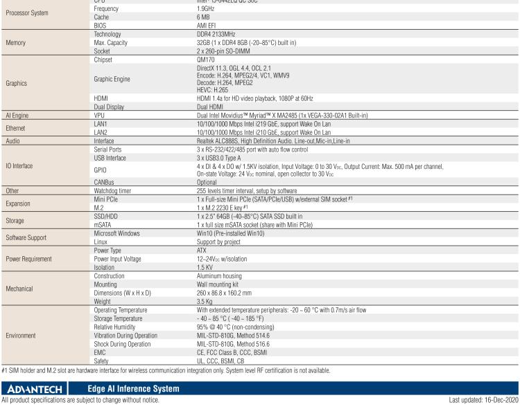 研華AIR-200 基于Intel Core i5-6442EQ處理器，AI計算平臺，內(nèi)置Myriad X VPU * 2