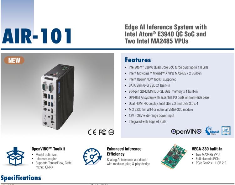 研華AIR-101 基于Intel Atom E3940處理器，AI計算平臺，內(nèi)置Myriad X VPU * 2
