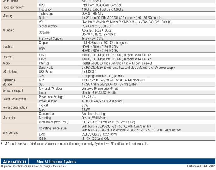 研華AIR-101 基于Intel Atom E3940處理器，AI計算平臺，內(nèi)置Myriad X VPU * 2