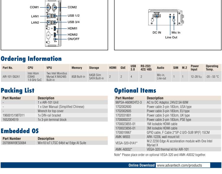 研華AIR-101 基于Intel Atom E3940處理器，AI計算平臺，內(nèi)置Myriad X VPU * 2