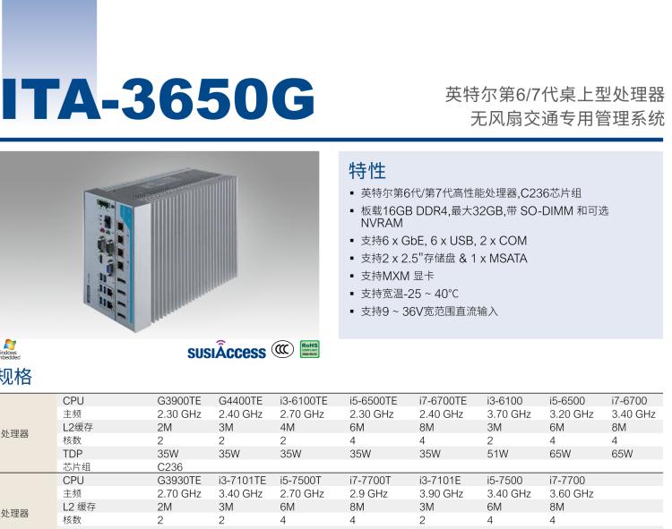 研華ITA-3650G 英特爾第六代和第七代臺式機無風扇系統(tǒng)，具有GPU模組，用于交通行業(yè)