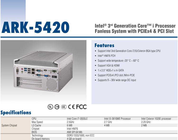 研華ARK-5420 Intel? 第三代 Core? i 處理器無(wú)風(fēng)扇嵌入式工控機(jī)，支持 PCIEx4 & PCI
