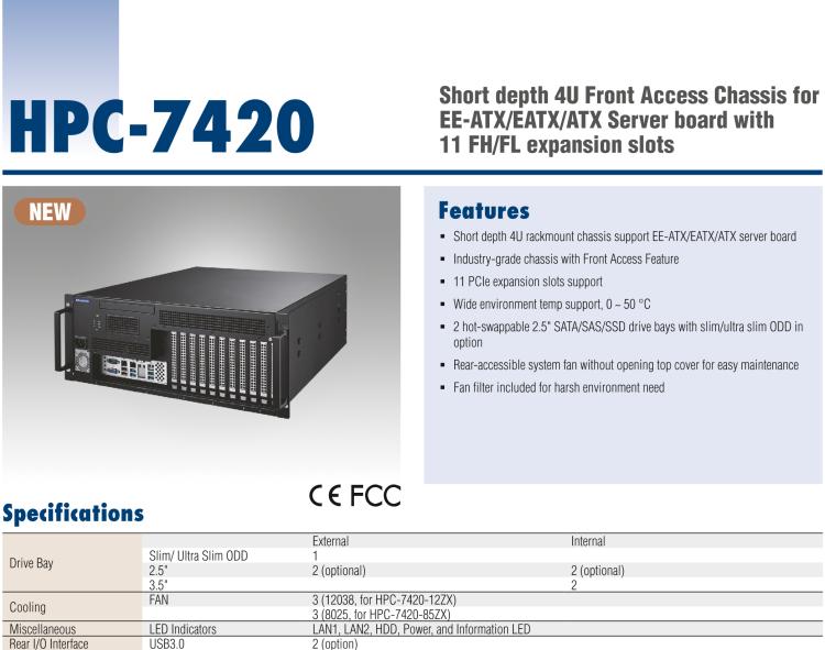 研華HPC-7420 用于EE-ATX/EATX/ATX主板的4U 短深度服務(wù)器機(jī)箱，帶有11個(gè)FH/FL擴(kuò)展插槽