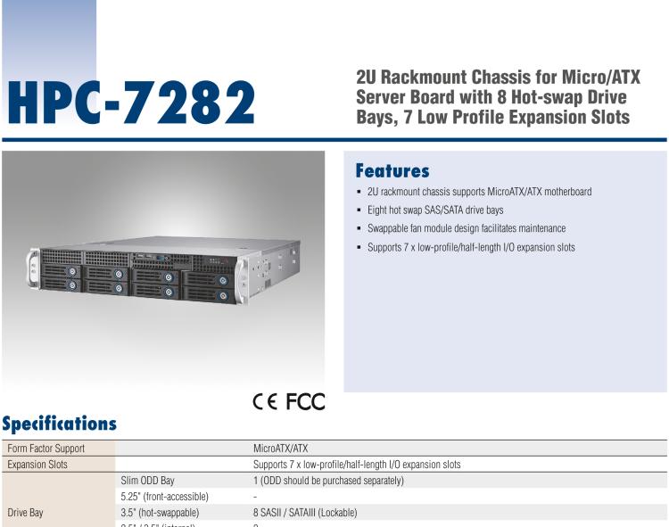 研華HPC-7282 2U 機架式機箱，適用于 Micro/ATX 服務器主板，支持8個2.5寸/3.5寸熱插拔硬盤，7個半高擴展槽