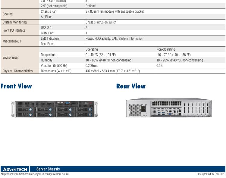 研華HPC-7282 2U 機架式機箱，適用于 Micro/ATX 服務器主板，支持8個2.5寸/3.5寸熱插拔硬盤，7個半高擴展槽