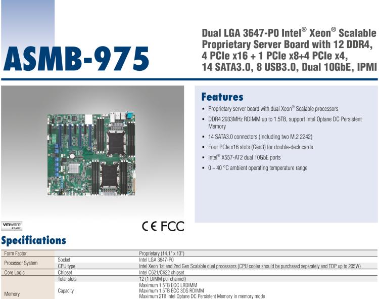 研華ASMB-975 雙路LGA3647-P0 Intel? Xeon? Scalable 服務(wù)器主板，帶12個(gè) DDR4, 4個(gè) PCIe x16 + 1個(gè) PCIe x8 + 4 個(gè)PCIx4, 14 個(gè) SATA3, 8 個(gè)USB3.0, Dual 10GbE, IPMI