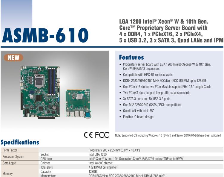 研華ASMB-610 LGA 1200 Intel? Xeon? W & 第十代 Core?專用服務(wù)器主板，帶4 x DDR4, 1 x PCIeX16, 2 x PCIeX4, 5 x USB 3.2, 3 x SATA 3, Quad LANs and和 IPMI