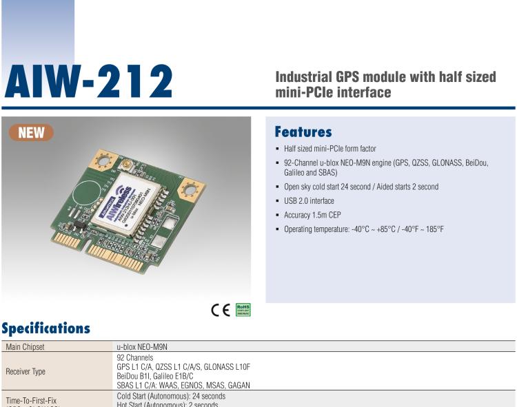 研華AIW-212 工業(yè)級 GNSS（GPS、GLONASS、BeiDou、Galileo、QZSS和SBAS）模塊，半尺寸 mini-PCIe 規(guī)格。