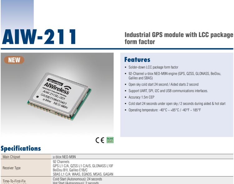 研華AIW-211 帶郵票型接口的工業(yè)級 GNSS（GPS、GLONASS、BeiDou、Galileo、QZSS和SBAS）模塊。
