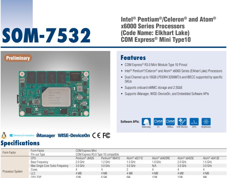 研華SOM-7532 Intel Pentium/Celeron 和 Atom x6000 系列 (Elkhart Lake) 處理器， COM Express Mini Type 10 模塊