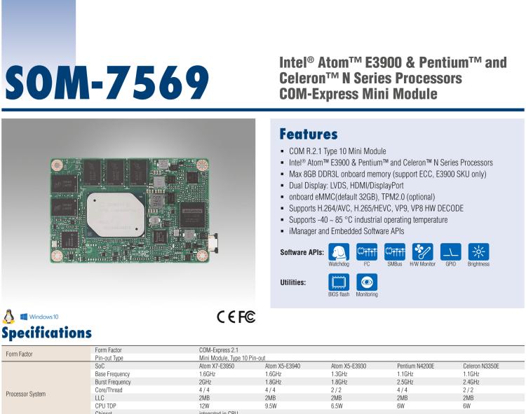 研華SOM-7569 Intel? Atom? E3900 & Pentium? 和 Celeron? N 系列處理器，COM-Express Mini 模塊