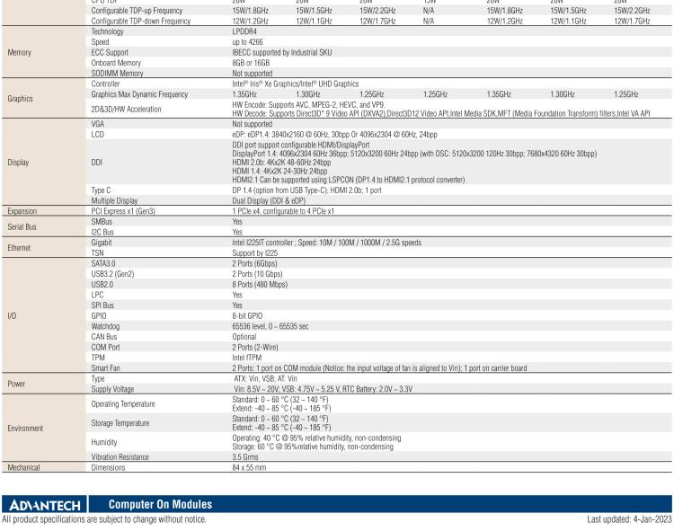 研華SOM-7583 第十一代 Intel? Core U系列處理器，COM Express Mini Type 10 模塊