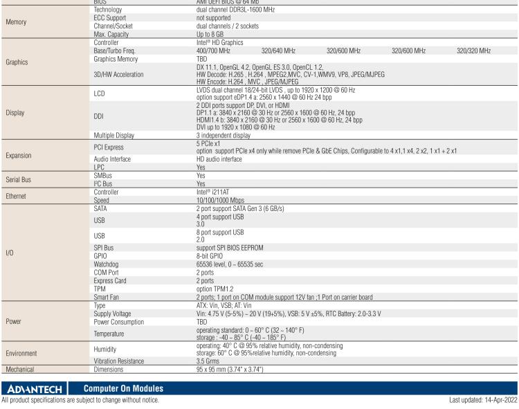 研華SOM-6868 Intel? Pentium?/Celeron? N3000 系列和 Atom ? SoC，COM Express Express Type 6 模塊
