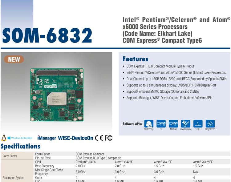 研華SOM-6832 Intel Pentium/Celeron 及 Atom x6000系列（Elkhart Lake）處理器，COM Express? Compact Type 6 模塊