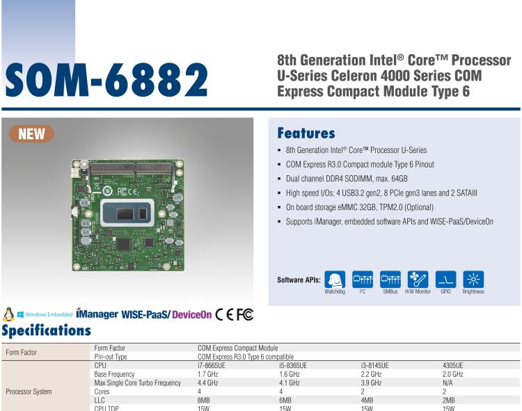 研華SOM-6882 第八代 Intel?Core 處理器，COM Express Compact R3.0 Type 6 模塊