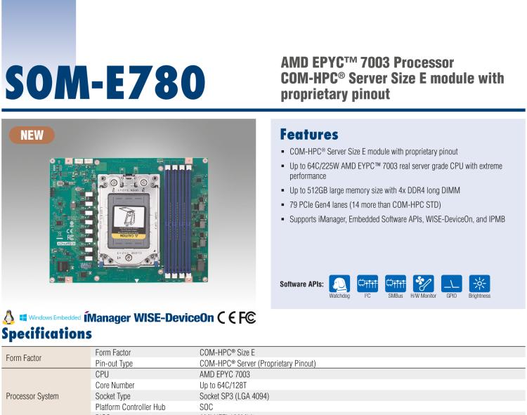 研華SOM-E780 AMD EPYC? 7003 COM-HPC? Server Size E 模塊，具有專有引腳