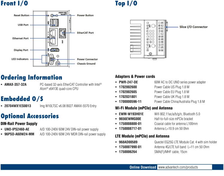 研華AMAX-357 超微型EtherCAT運動控制器，基于PC架構(gòu)開發(fā)，配置了Intel Atom處理器，具有64GB eMMC、2 x LAN、2 x USB和Slice IO擴展