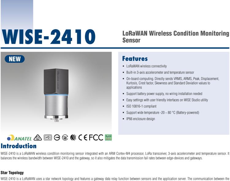 研華WISE-2410 WISE-2410是LoRaWA N無線振動溫度監(jiān)控傳感器，電池使用周期為2年。