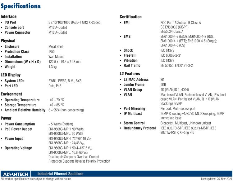 研華EKI-9508G-MPH 8個(gè)千兆M12 POE端口非網(wǎng)管EN50155交換機(jī)， 支持72/96/110 VDC供電