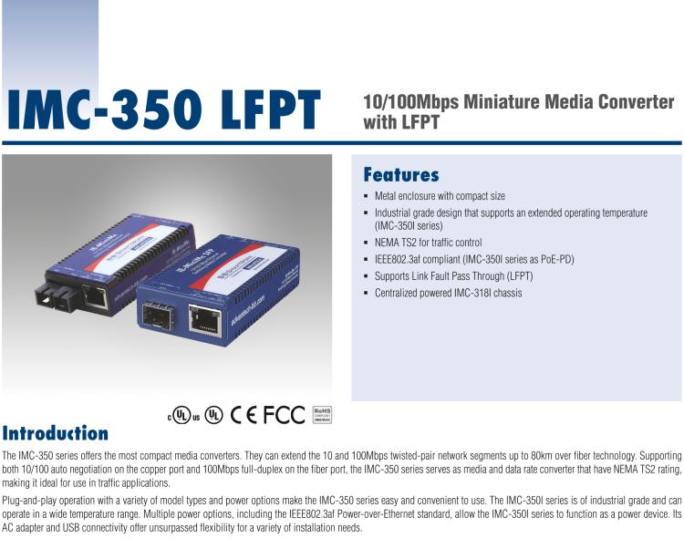 研華IMC-350-SFP-PS-A 緊湊型光電轉(zhuǎn)換器，100Base-TX/FX，SFP，AC適配器（也被稱為BB-855-10619）