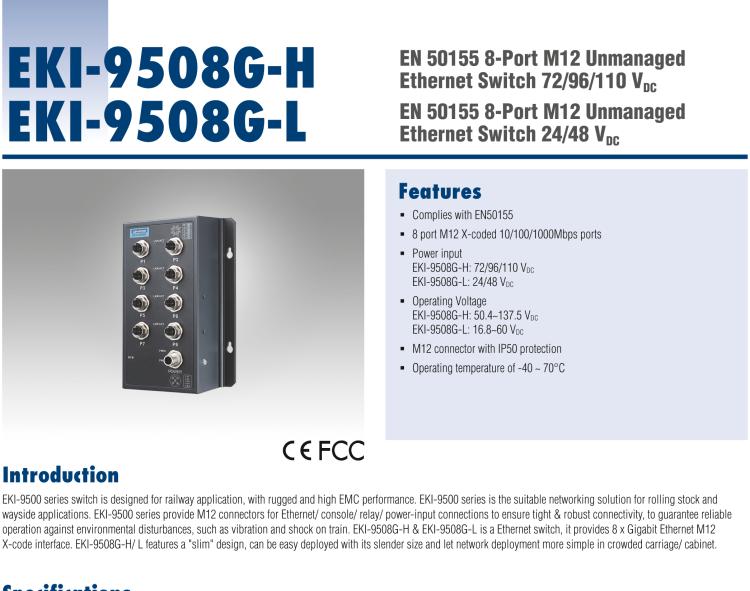 研華EKI-9508G-H 8個千兆M12端口非網(wǎng)管EN50155交換機， 支持72/96/110 VDC供電
