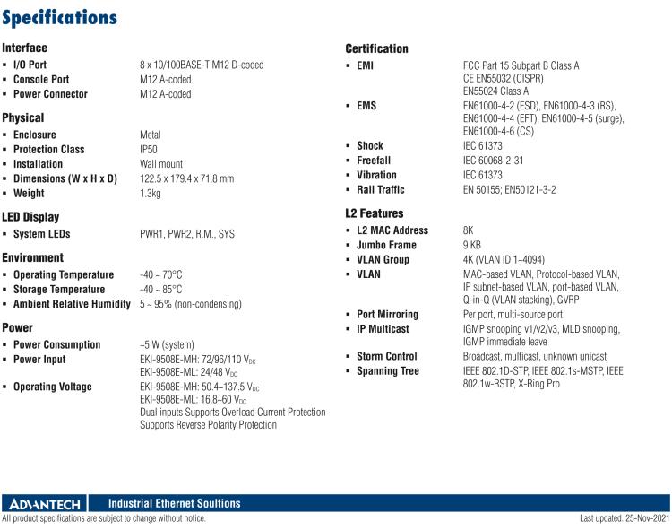 研華EKI-9508E-MH 8個百兆M12端口非網(wǎng)管EN50155交換機(jī)， 支持72/96/110 VDC供電