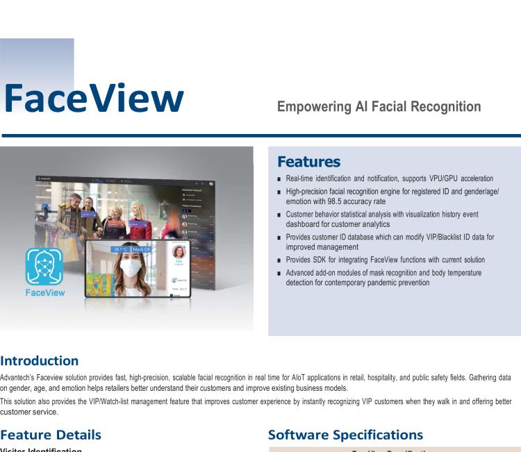 研華FaceView 研華 DeviceOn.FaceView是基于研華 IoT 設(shè)備的人臉識別軟件，支持性別、年齡、情感的數(shù)據(jù)收集，支持VPU/GPU加速。FaceView軟件在最新版本中正確識別率提升到了99.7%，可以支持遮擋檢測，也就是是否正確佩戴口罩，再搭配專業(yè)測溫攝像頭情況下，可以實現(xiàn)測量體溫。