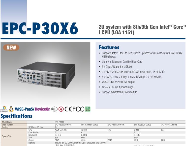 研華EPC-P3086 適配Intel? 第8/9代 Core i 系列處理器，搭載H310芯片組。2U高度，支持全長PCIe x16擴展卡。接口豐富，性能強勁。