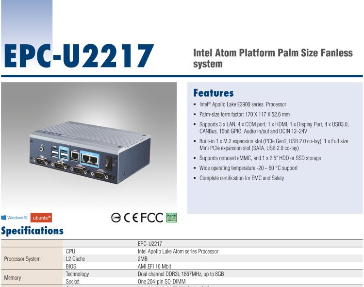 研華EPC-U2217 Intel Atom第六代Apollo Lake無風(fēng)扇嵌入式工控機(jī)，3LAN，板載eMMC，CANBUS