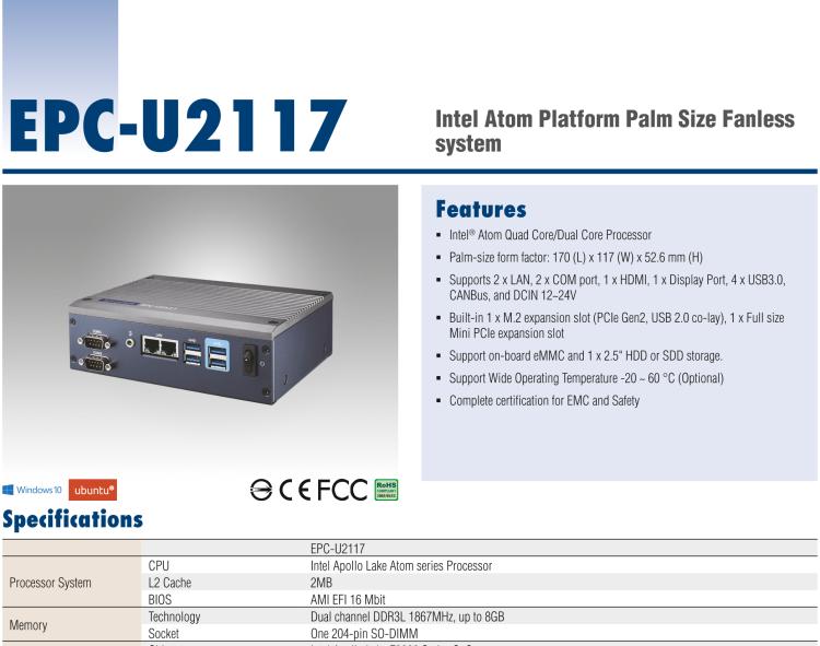 研華EPC-U2117 Intel Atom第六代Apollo Lake無風(fēng)扇嵌入式工控機(jī)，板載eMMC，CANBUS