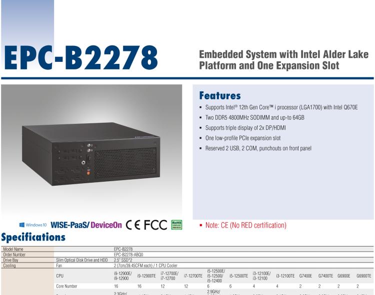 研華EPC-B2278 適配Intel 第12代 Core i 系列處理器，搭載Q670E芯片組。2U高度，精簡尺寸，性能強(qiáng)勁，是小尺寸高性能場景的理想解決方案。