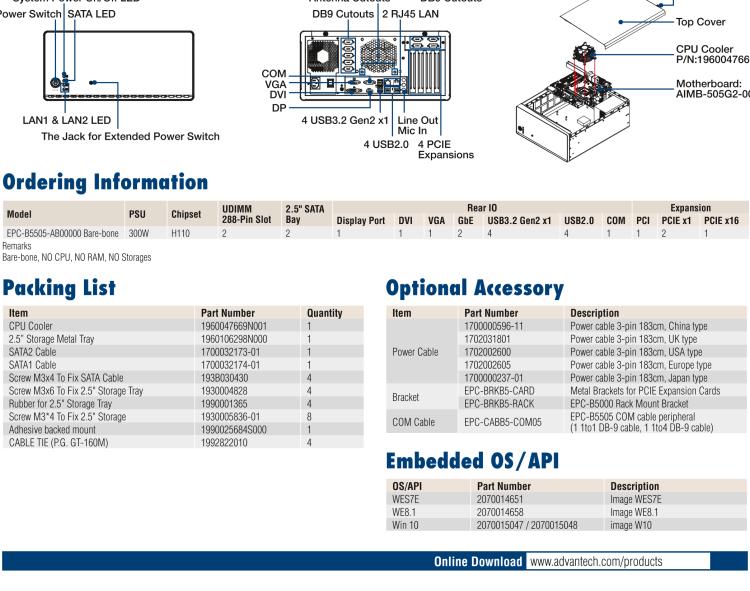 研華EPC-B5505 適配Intel? 第6/7代 Core ? i/Xeon E3系列處理器，搭載H110芯片組。標(biāo)準(zhǔn)4U上架，廣泛適用于各種行業(yè)。