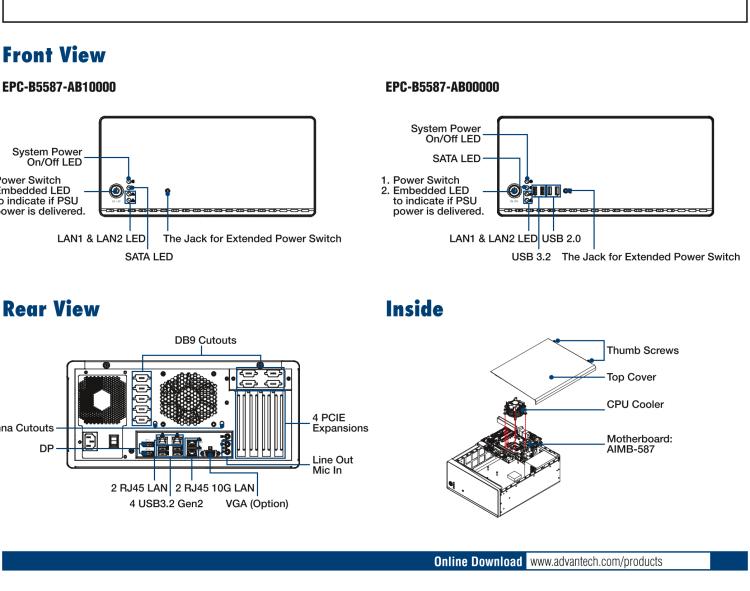 研華EPC-B5587 適配Intel? 第10代 Core i / Xeon W系列處理器，搭載W480E芯片組。標(biāo)準(zhǔn)4U上架，工業(yè)級品質(zhì)，穩(wěn)定可靠。廣泛適用于高端AI服務(wù)器等應(yīng)用。