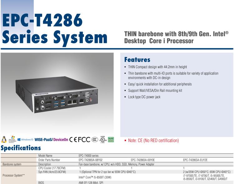 研華EPC-T4286 適配Intel? 第8/9代 Core? i 系列處理器，搭載H310芯片組。1U超薄高度，性能強(qiáng)勁。