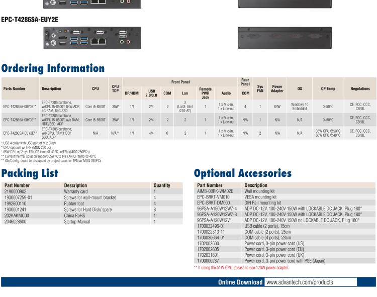 研華EPC-T4286 適配Intel? 第8/9代 Core? i 系列處理器，搭載H310芯片組。1U超薄高度，性能強(qiáng)勁。