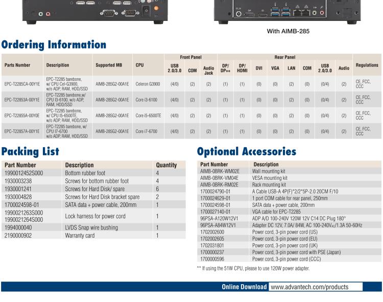 研華EPC-T2285 適配Intel? 第6/7代 Core? i 系列處理器，搭載H110芯片組。1U超薄高度，性能強(qiáng)勁。