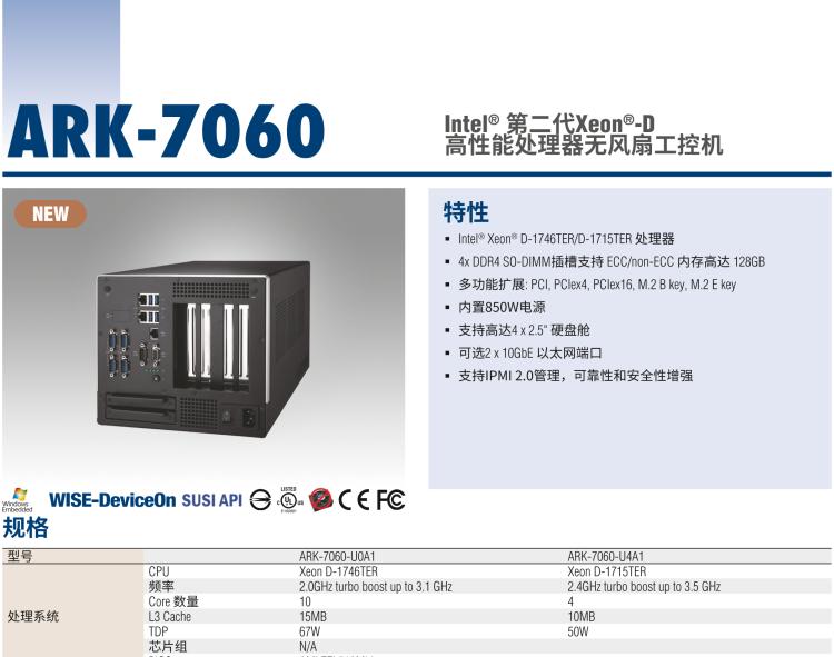 研華ARK-7060 搭載Intel二代Xeon D-1700高性能處理器系統(tǒng)，具有3個(gè)擴(kuò)展插槽