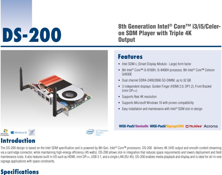研華DS-200 Intel ? 第八代 Core? i3/i5 SDM，支持4K三顯的數(shù)字標牌播放器