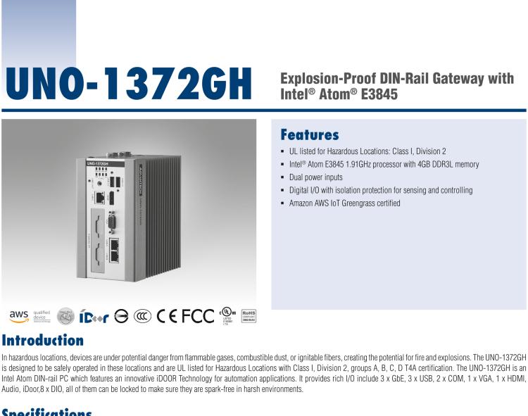 研華UNO-1372GH 通過(guò)Class I，Division 2認(rèn)證的導(dǎo)軌安裝工業(yè)控制器，搭配英特爾?凌動(dòng)?四核處理器