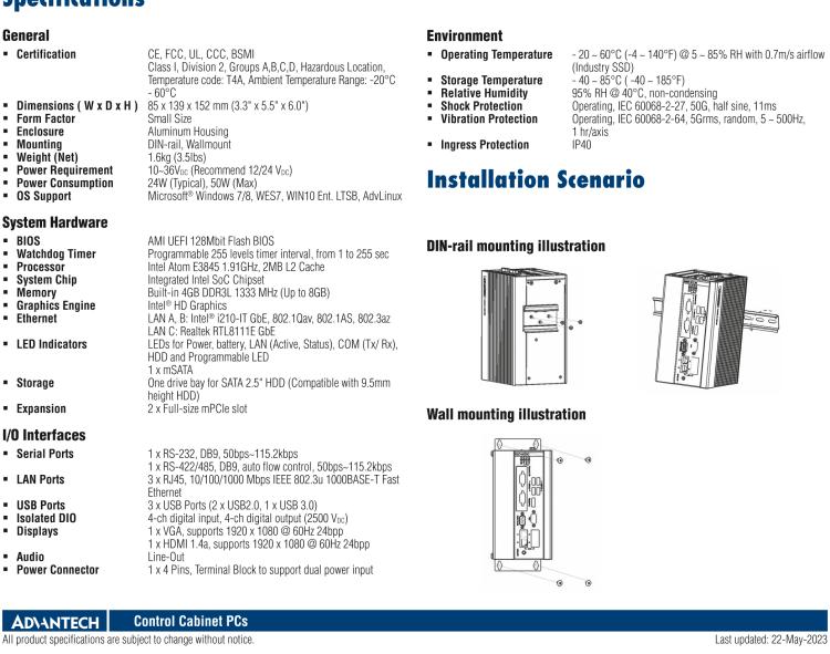 研華UNO-1372GH 通過(guò)Class I，Division 2認(rèn)證的導(dǎo)軌安裝工業(yè)控制器，搭配英特爾?凌動(dòng)?四核處理器